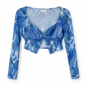 Princess Polly Mesh Long Sleeve O Ring Blue White Marble Top Size 8